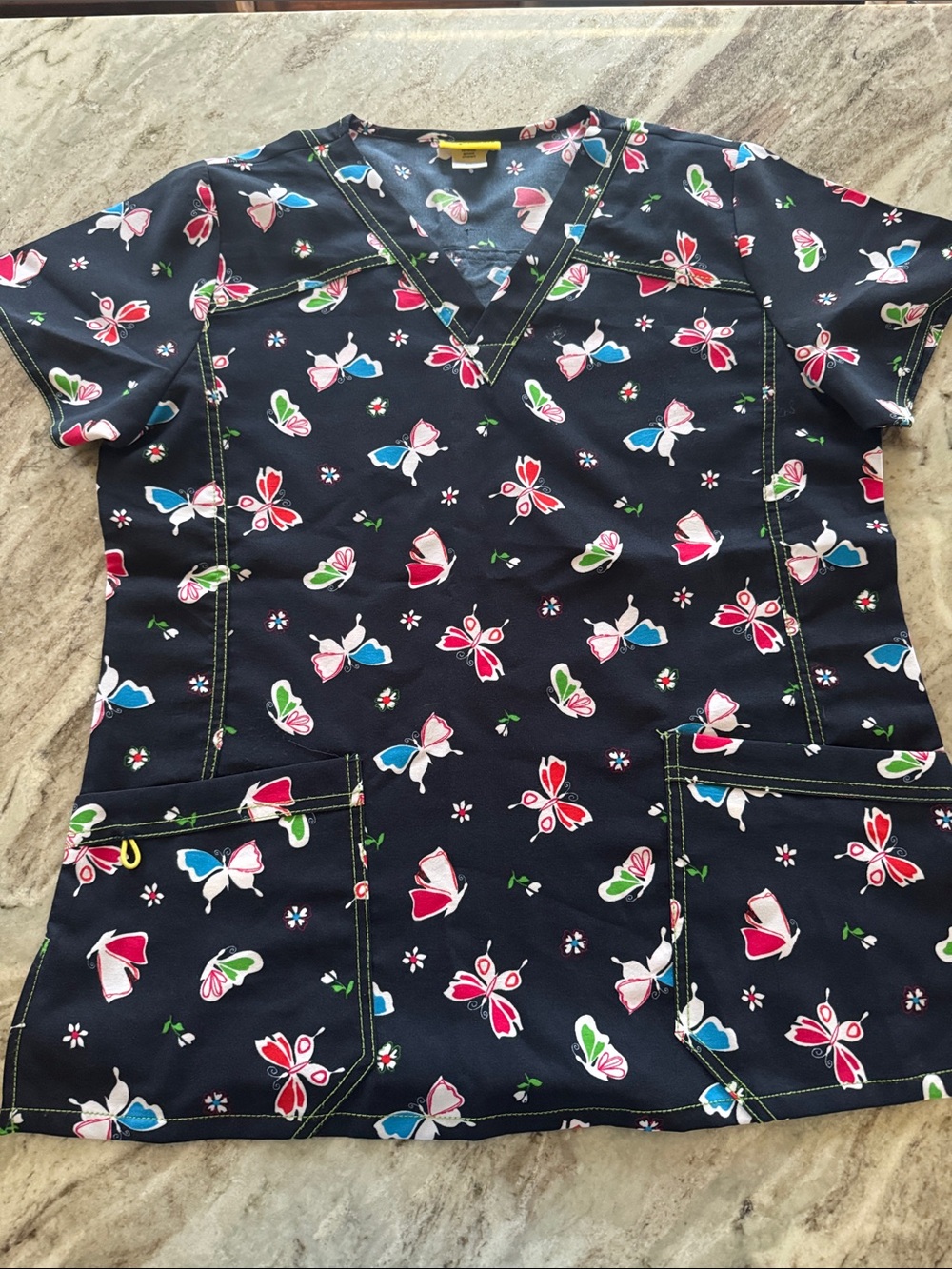 WonderWink Navy Butterfly Floral Scrub Top with Pink & Green Accents